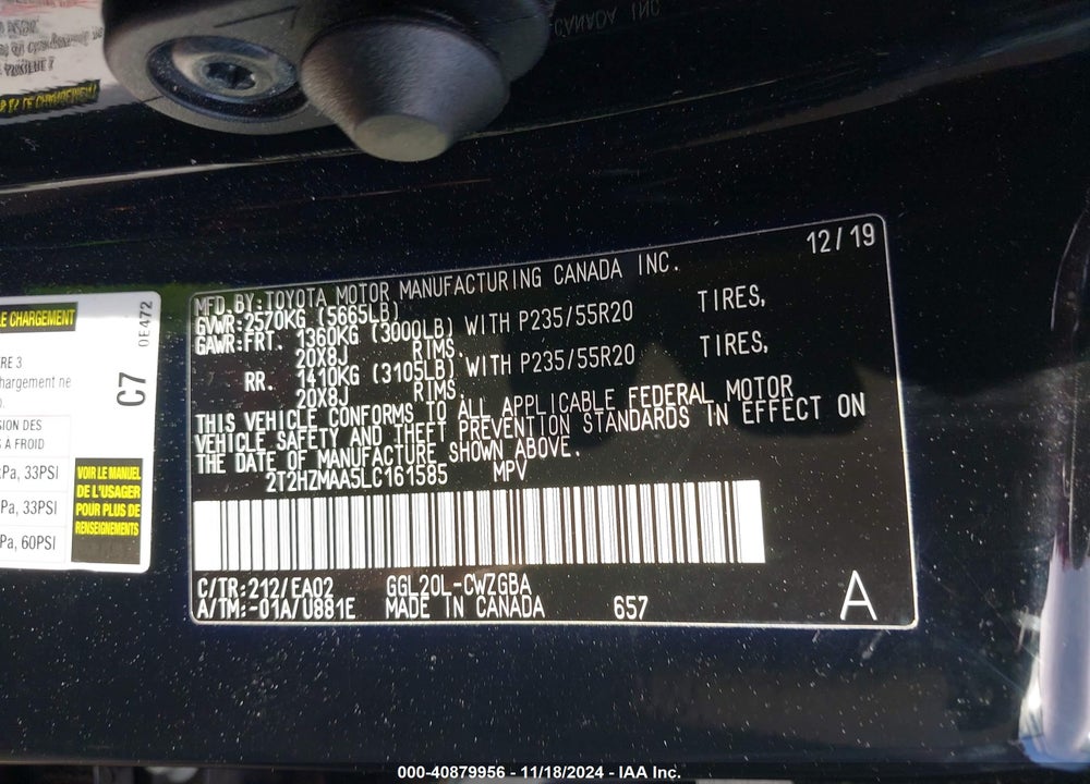 2020 LEXUS RX 350 VIN: 2T2HZMAA5LC161585