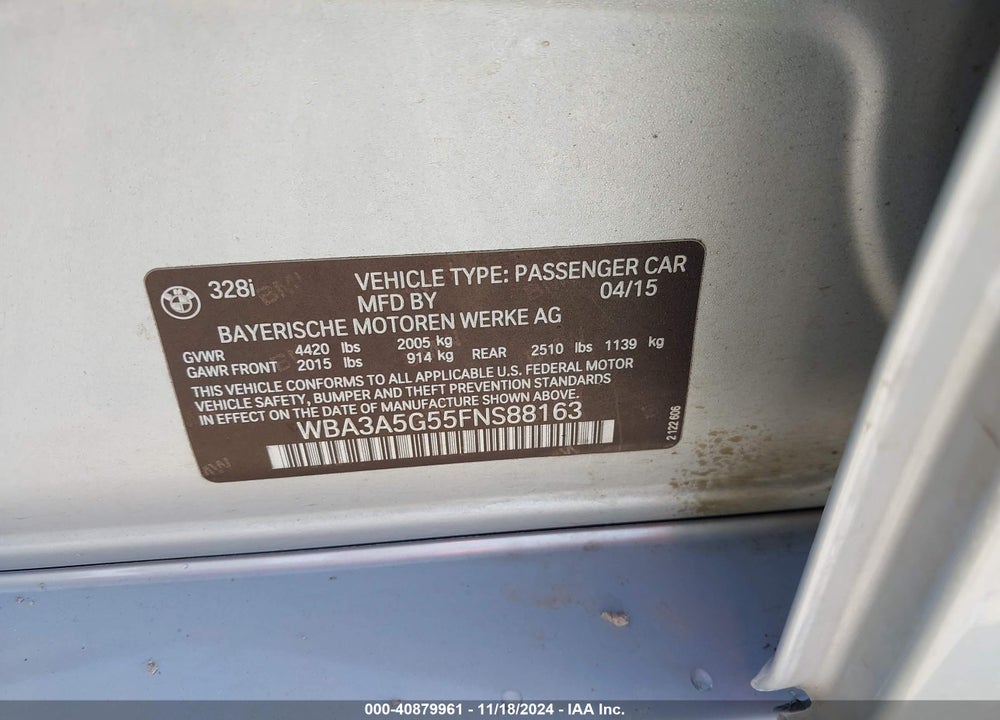 2015 BMW 328I VIN: WBA3A5G55FNS88163