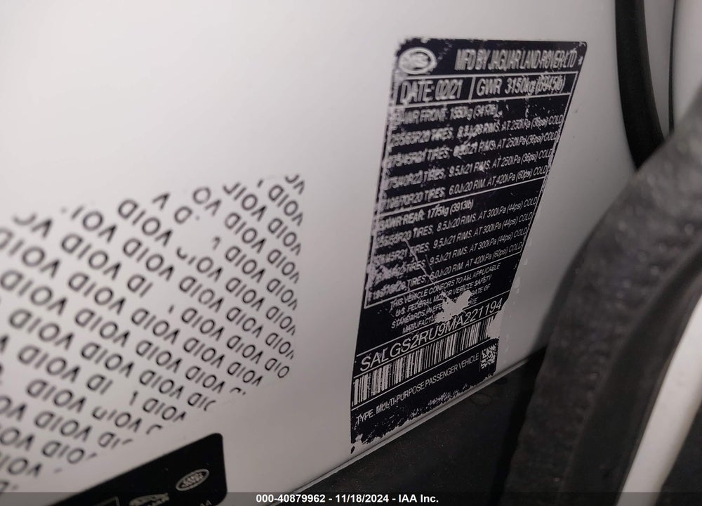 2021 LAND ROVER RANGE ROVER VIN: SALGS2RU5MA438449