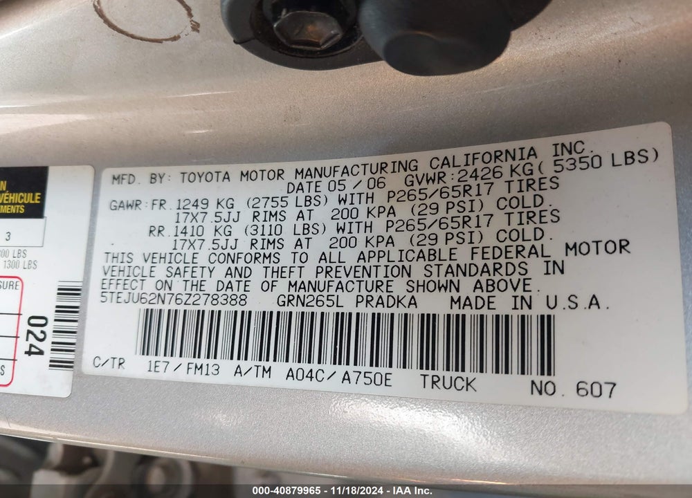2006 TOYOTA TACOMA DOUBLE CAB PRERUNNER VIN: 5TEJU62N76Z278388