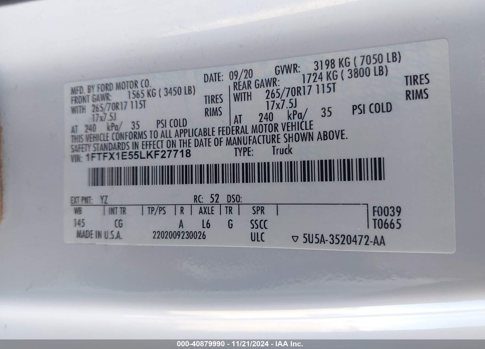 2020 FORD F-150 XL VIN: 1FTFX1E55LKF27718