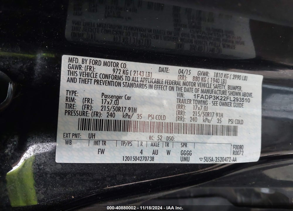2015 FORD FOCUS SE VIN: 1FADP3K22FL293510