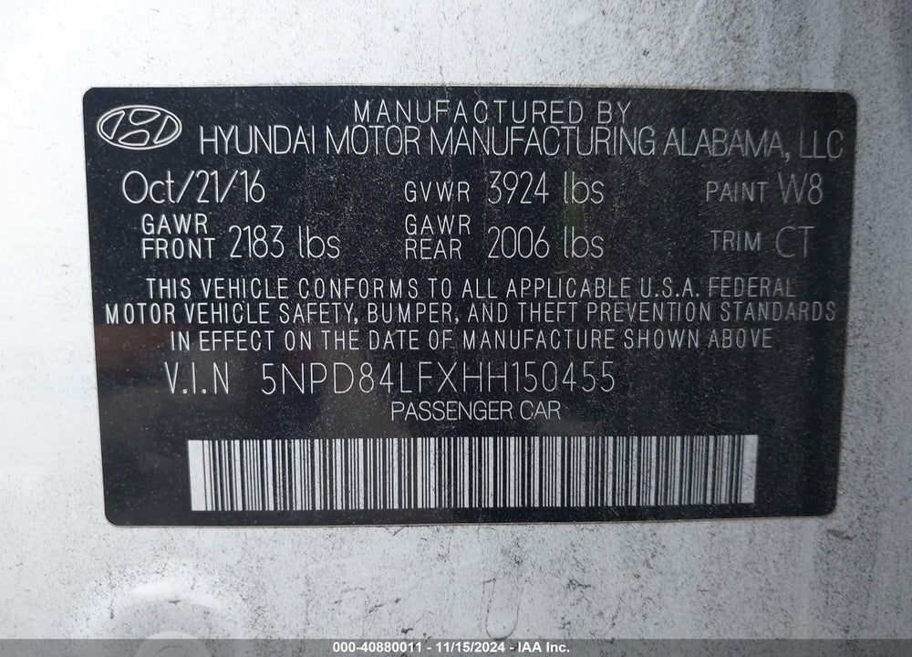 2017 HYUNDAI ELANTRA VALUE EDITION VIN: 5NPD84LFXHH150455