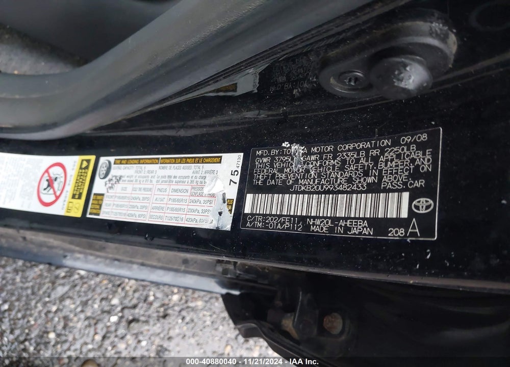 2009 TOYOTA PRIUS VIN: JTDKB20U993482433