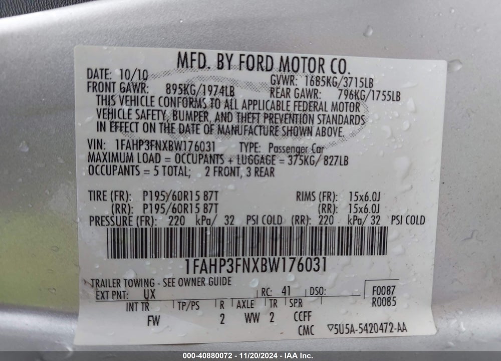 2011 FORD FOCUS VIN: 1FAHP3FNXBW176031