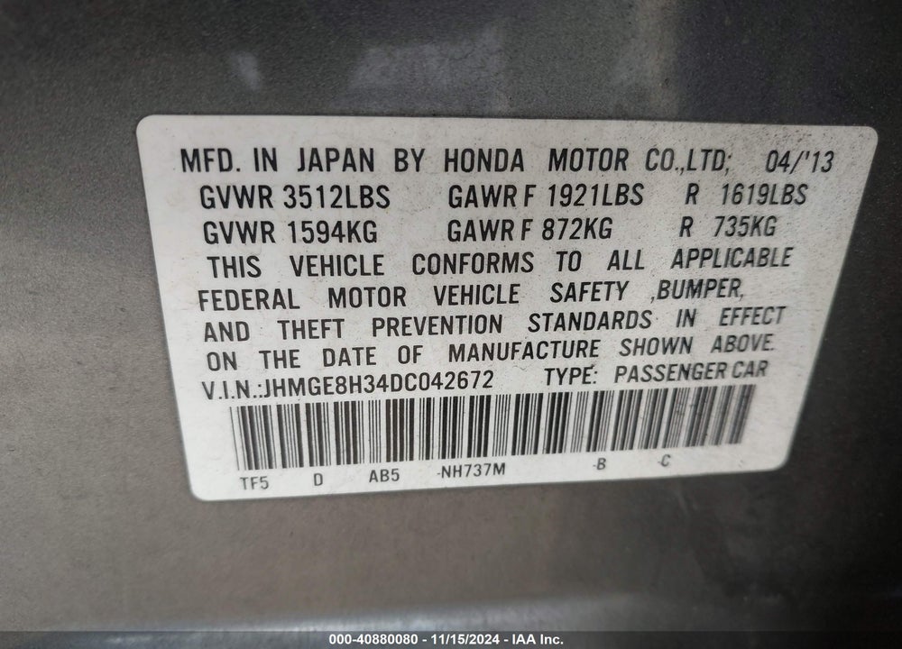 2013 HONDA FIT VIN: JHMGE8H34DC042672