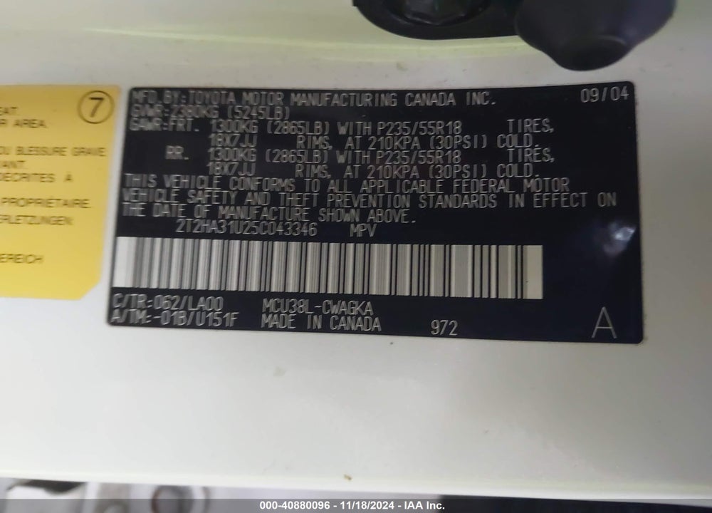 2005 LEXUS RX 330 BASE (A5) VIN: 2T2HA31U25C043346