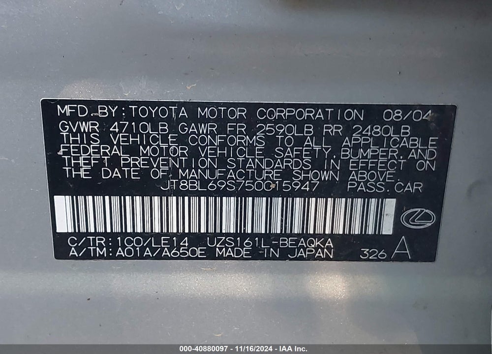 2005 LEXUS GS 430 VIN: JT8BL69S750015947