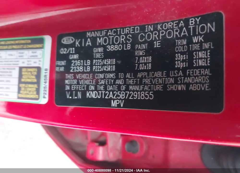2011 KIA SOUL VIN: KNDJT2A25B7291855