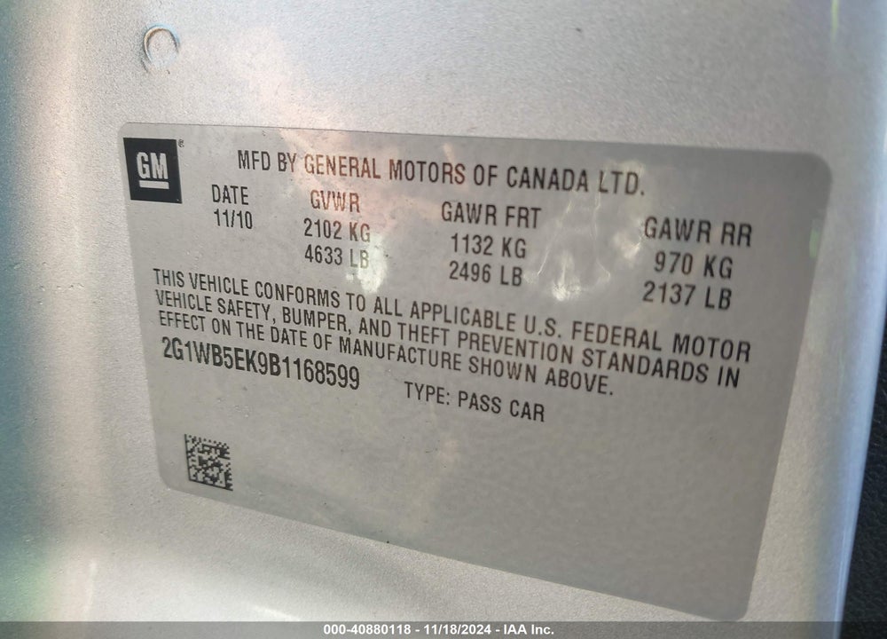 2011 CHEVROLET IMPALA LT VIN: 2G1WB5EK9B1168599