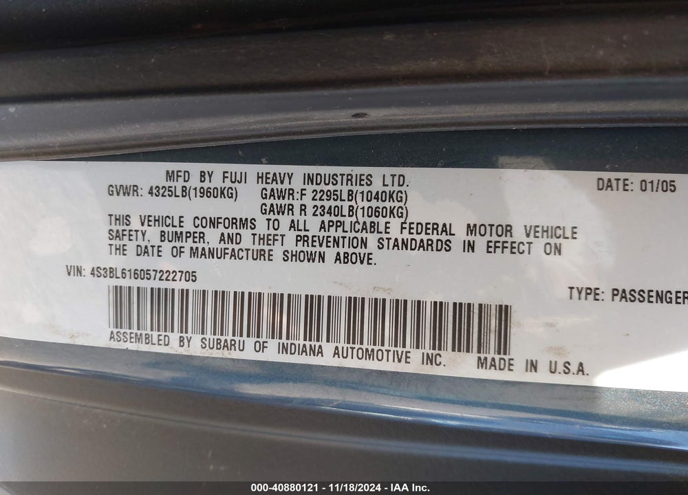 2005 SUBARU LEGACY 2.5I VIN: 4S3BL616057222705