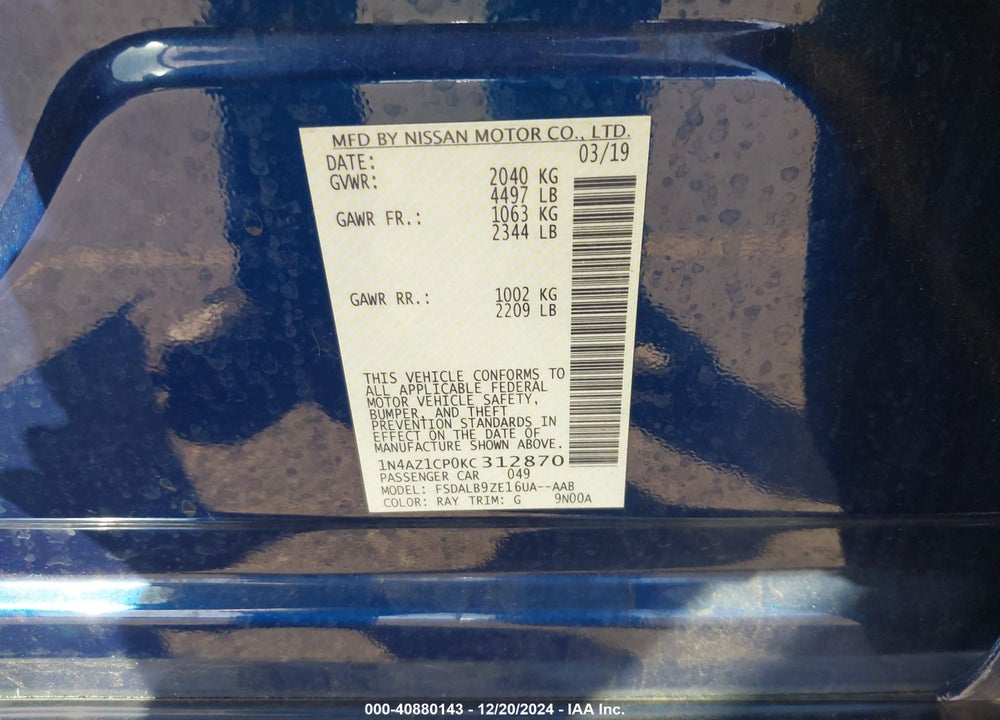 2019 NISSAN LEAF S VIN: 1N4AZ1CP0KC312870