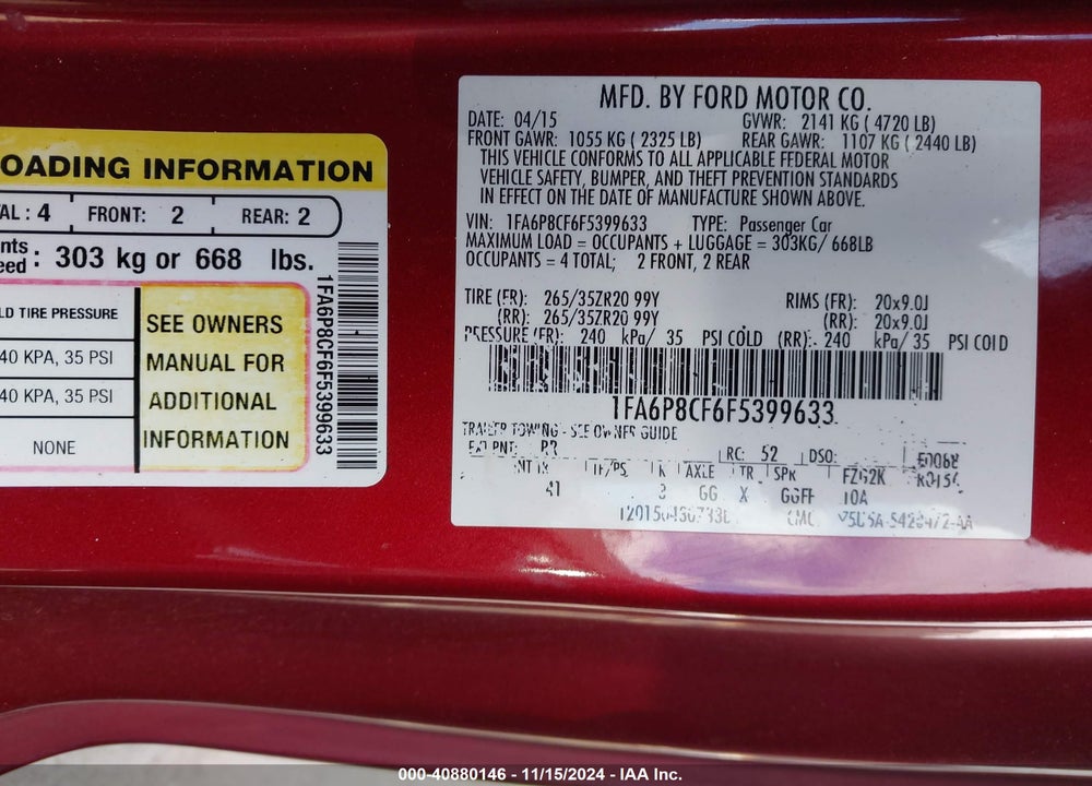 2015 FORD MUSTANG VIN: 1FA6P8CF6F5399633