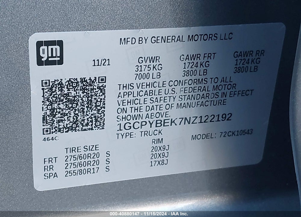 2022 CHEVROLET SILVERADO 1500 LTD 4WD SHORT BED CUSTOM VIN: 1GCPYBEK7NZ122192