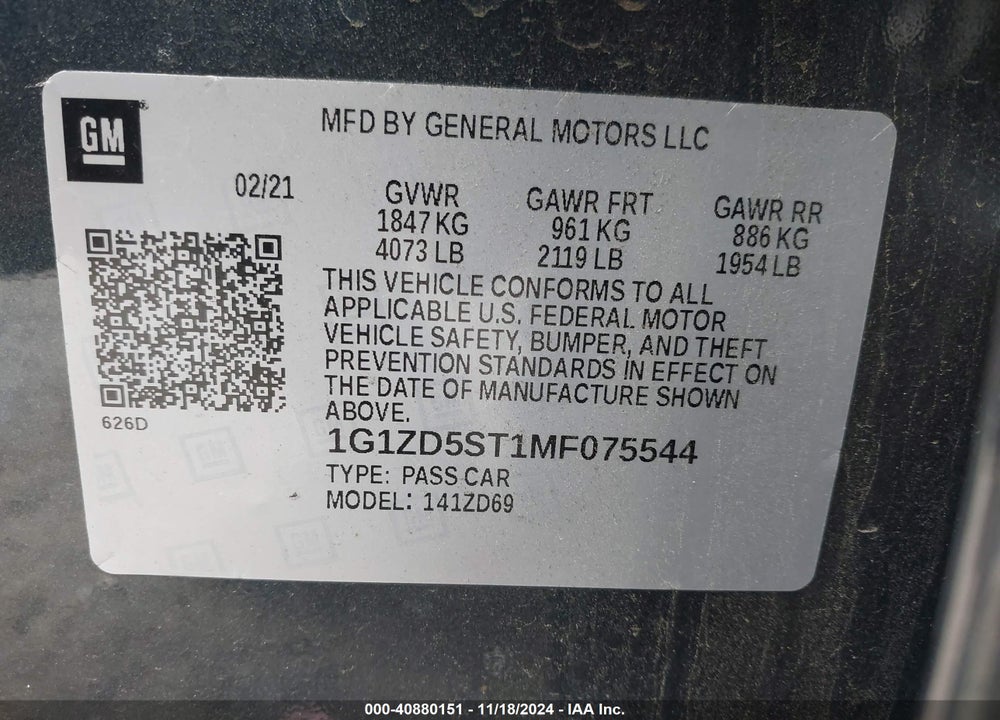 2021 CHEVROLET MALIBU FWD LT VIN: 1G1ZD5ST1MF075544