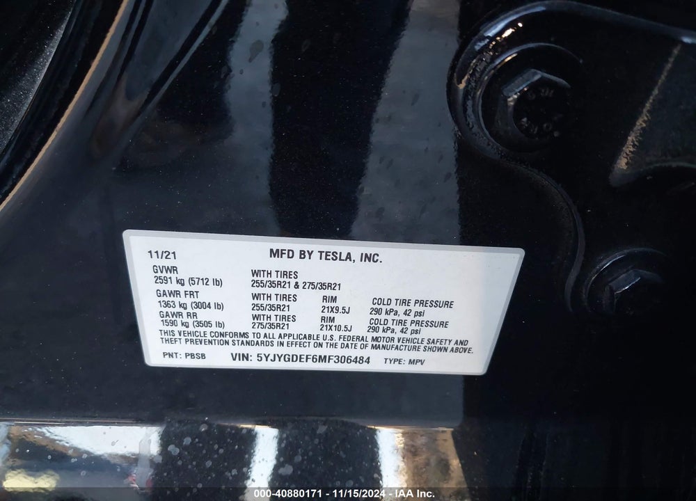 2021 TESLA MODEL Y PERFORMANCE DUAL MOTOR ALL-WHEEL DRIVE VIN: 5YJYGDEF6MF306484