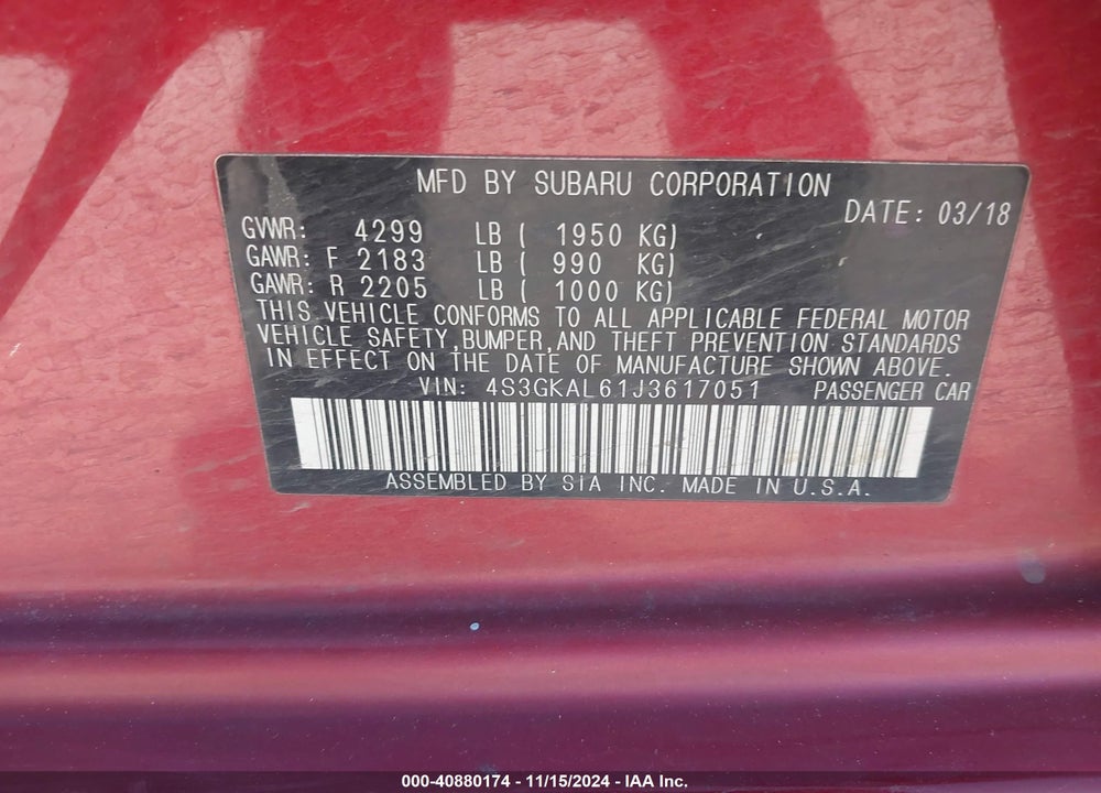 2018 SUBARU IMPREZA VIN: 4S3GKAL61J3617051