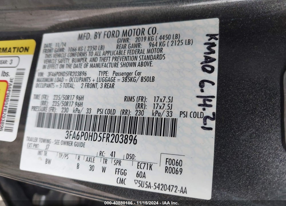 2015 FORD FUSION SE VIN: 3FA6P0HD5FR203896