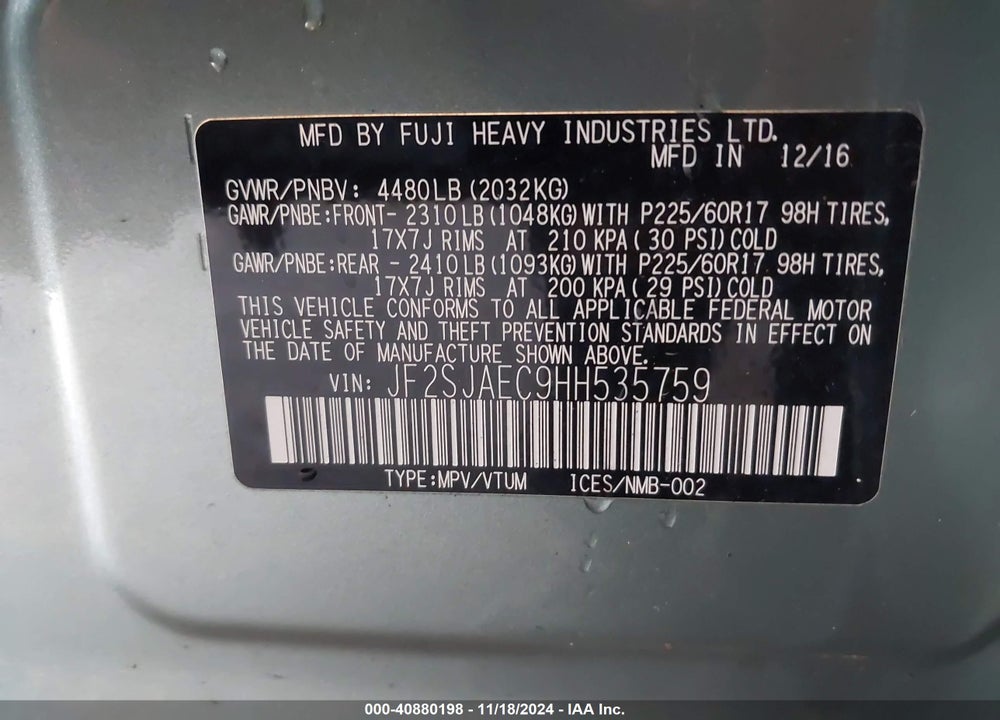 2017 SUBARU FORESTER 2.5I PREMIUM VIN: JF2SJAEC9HH535759