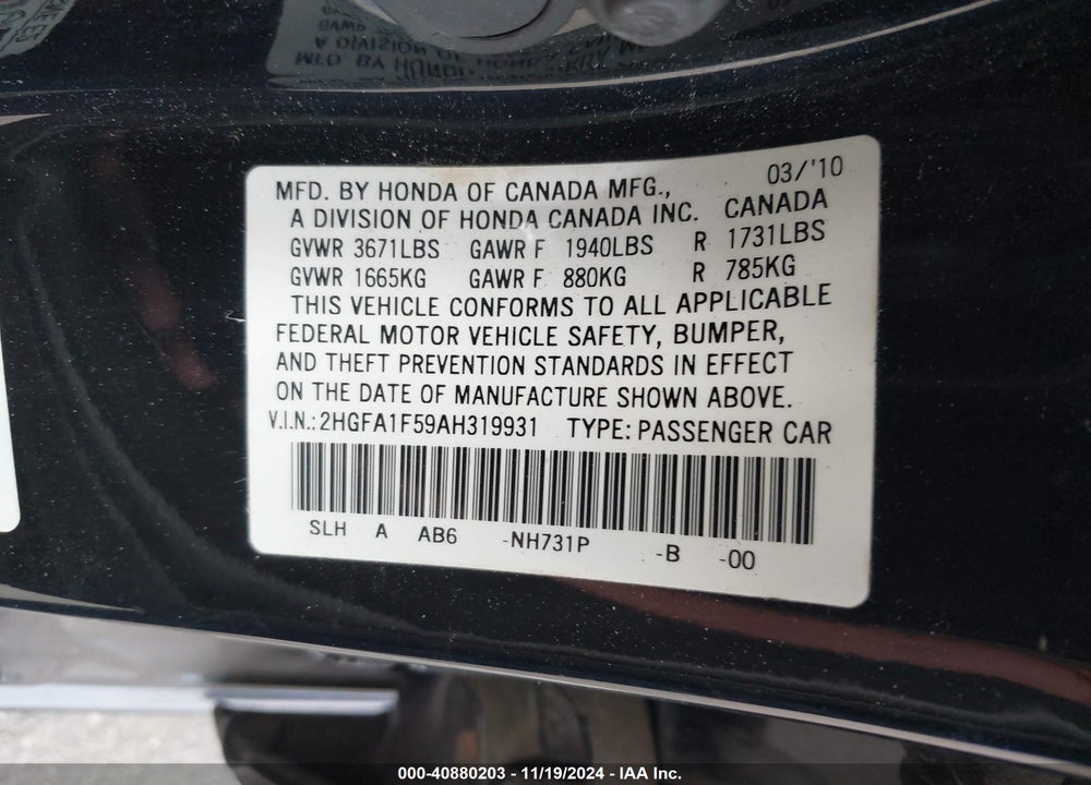 2010 HONDA CIVIC LX VIN: 2HGFA1F59AH319931