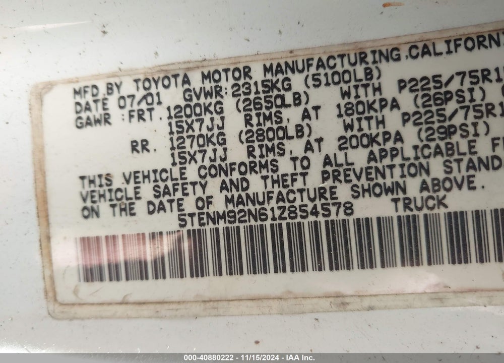 2001 TOYOTA TACOMA PRERUNNER VIN: 5TENM92N61Z854578