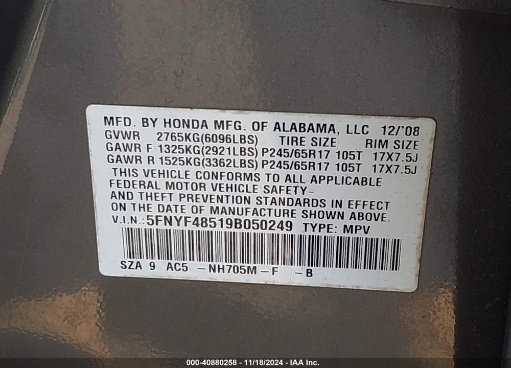 2009 HONDA PILOT VIN: 5FNYF48519B050249