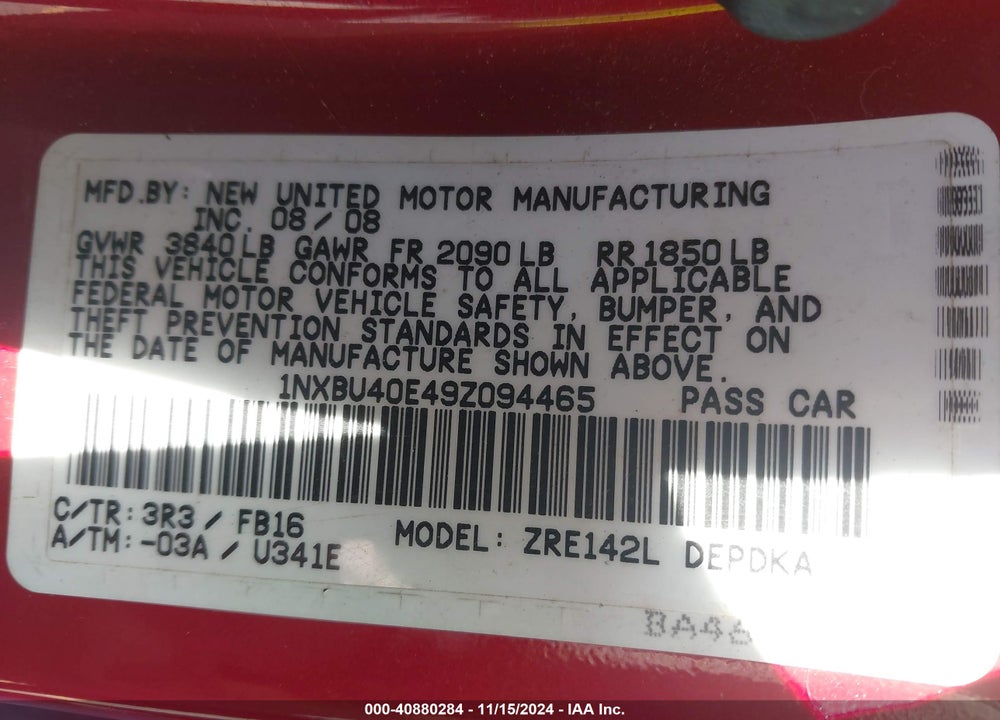 2009 TOYOTA COROLLA LE VIN: 1NXBU40E49Z094465