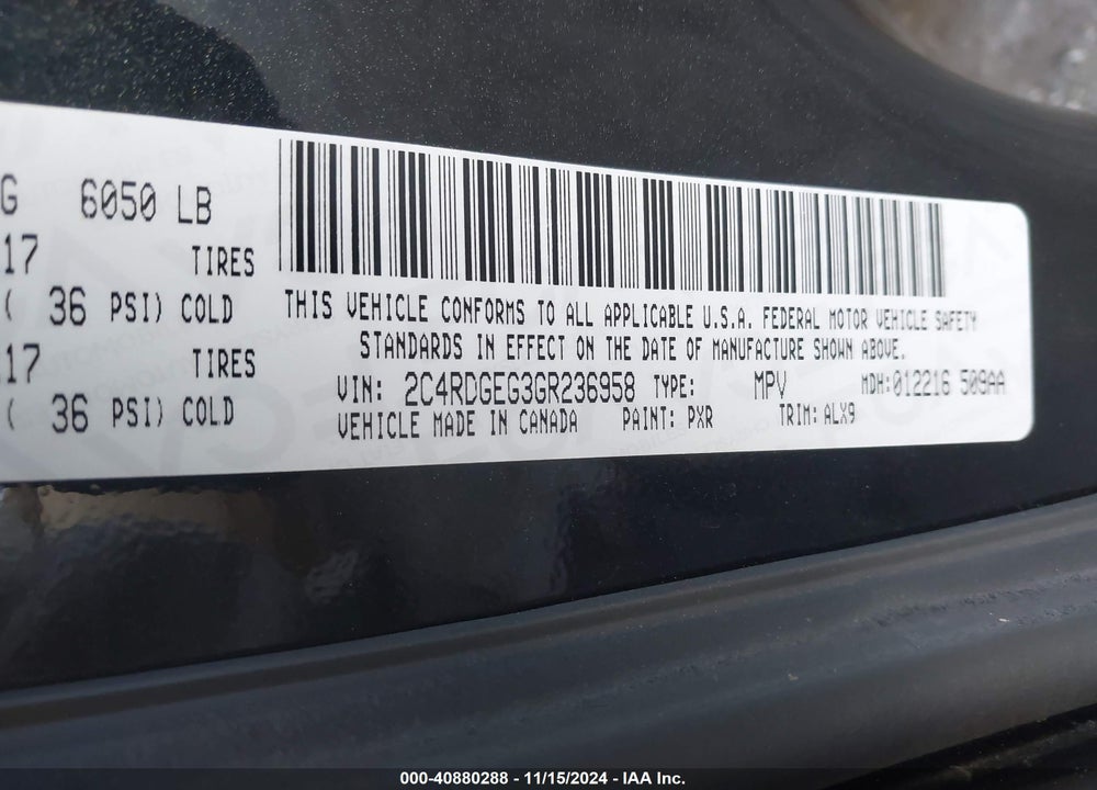 2016 DODGE GRAND CARAVAN R/T VIN: 2C4RDGEG3GR236958