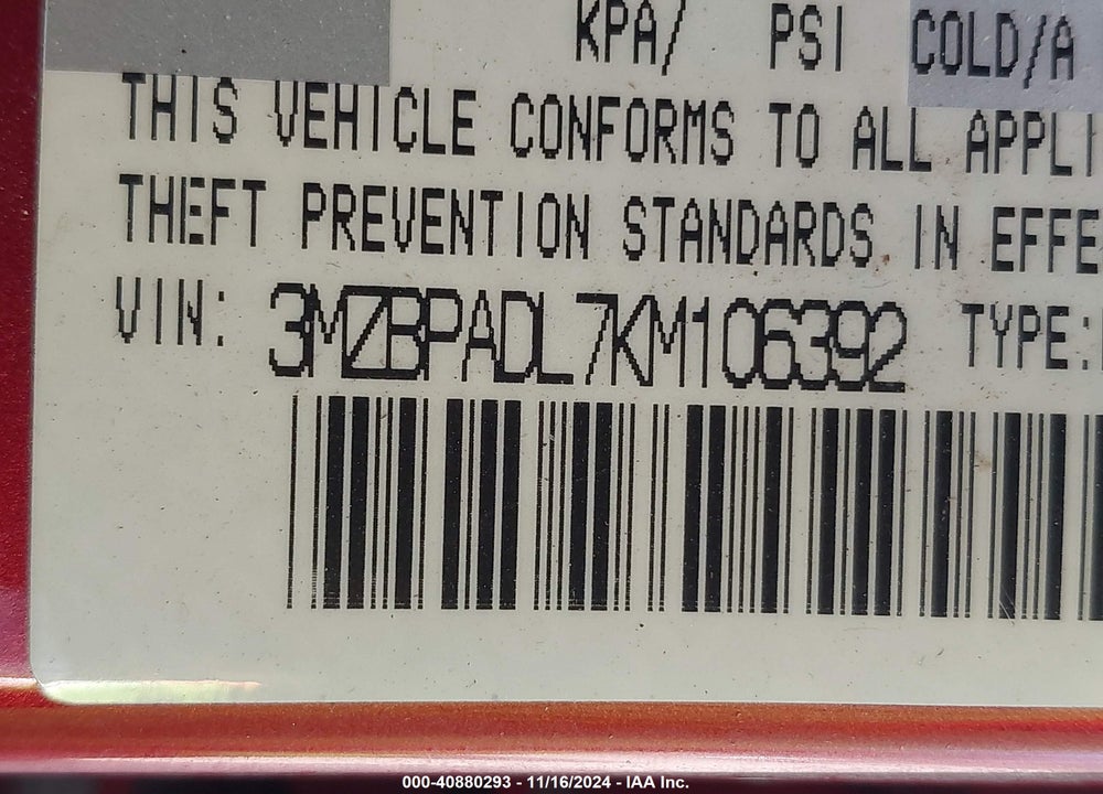2019 MAZDA 3 PREFERRED PACKAGE VIN: 3MZBPADL7KM106392