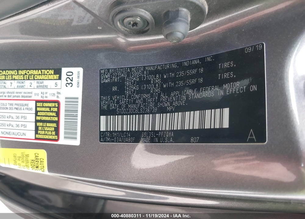 2020 TOYOTA SIENNA XLE VIN: 5TDDZ3DC6LS238739