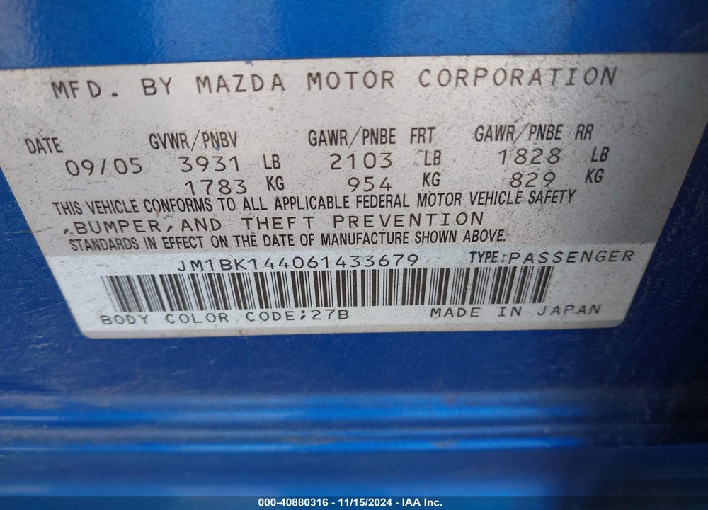 2006 MAZDA 3 S VIN: JM1BK144061433679