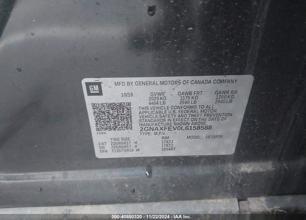 2020 CHEVROLET EQUINOX FWD 1FL VIN: 2GNAXFEV0L6158588