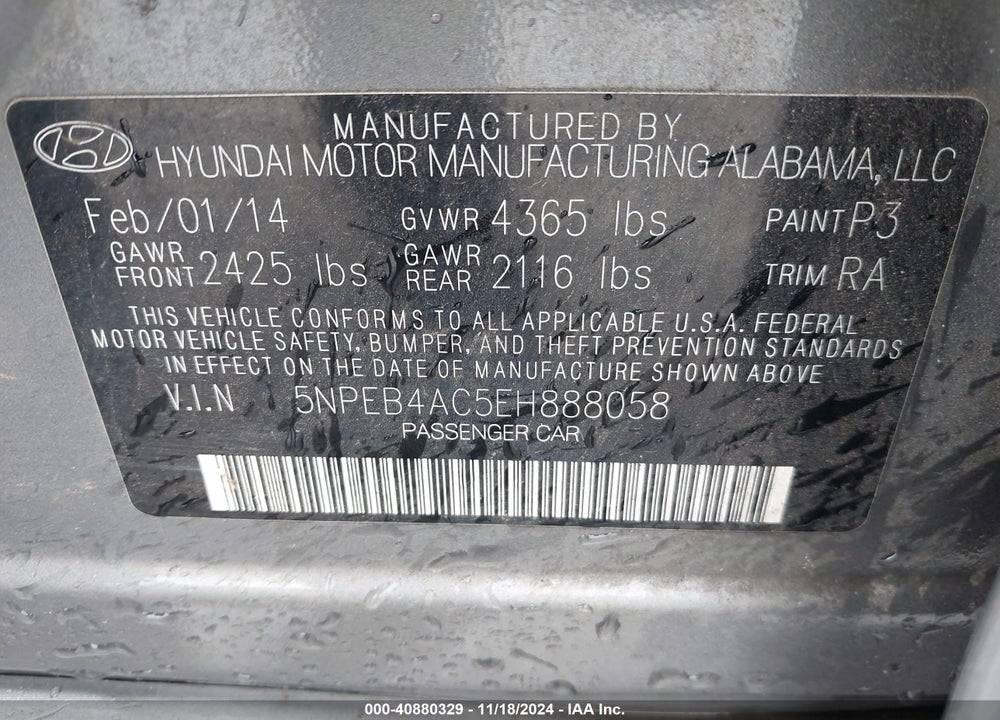 2014 HYUNDAI SONATA GLS VIN: 5NPEB4AC5EH888058