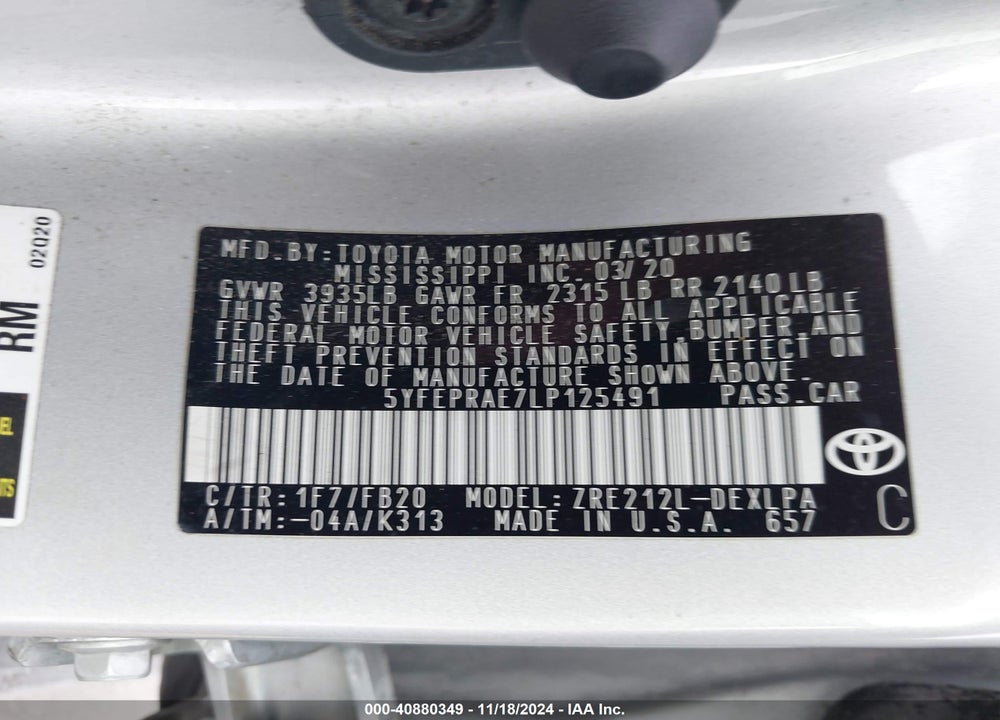 2020 TOYOTA COROLLA VIN: 5YFEPRAE7LP125491