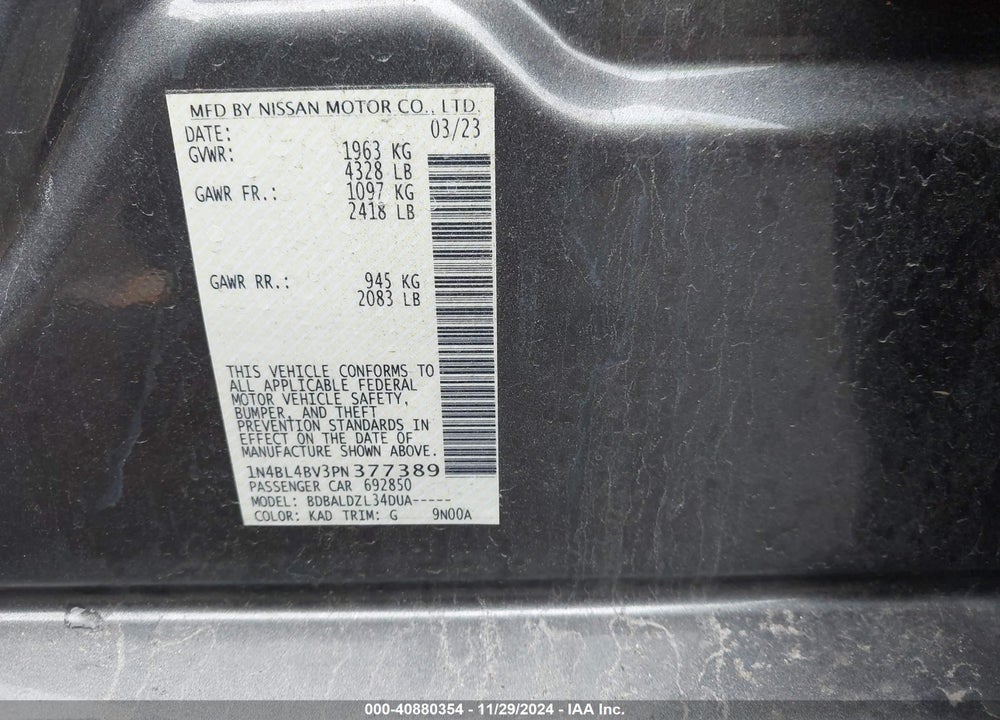 2023 NISSAN ALTIMA S FWD VIN: 1N4BL4BV3PN377389