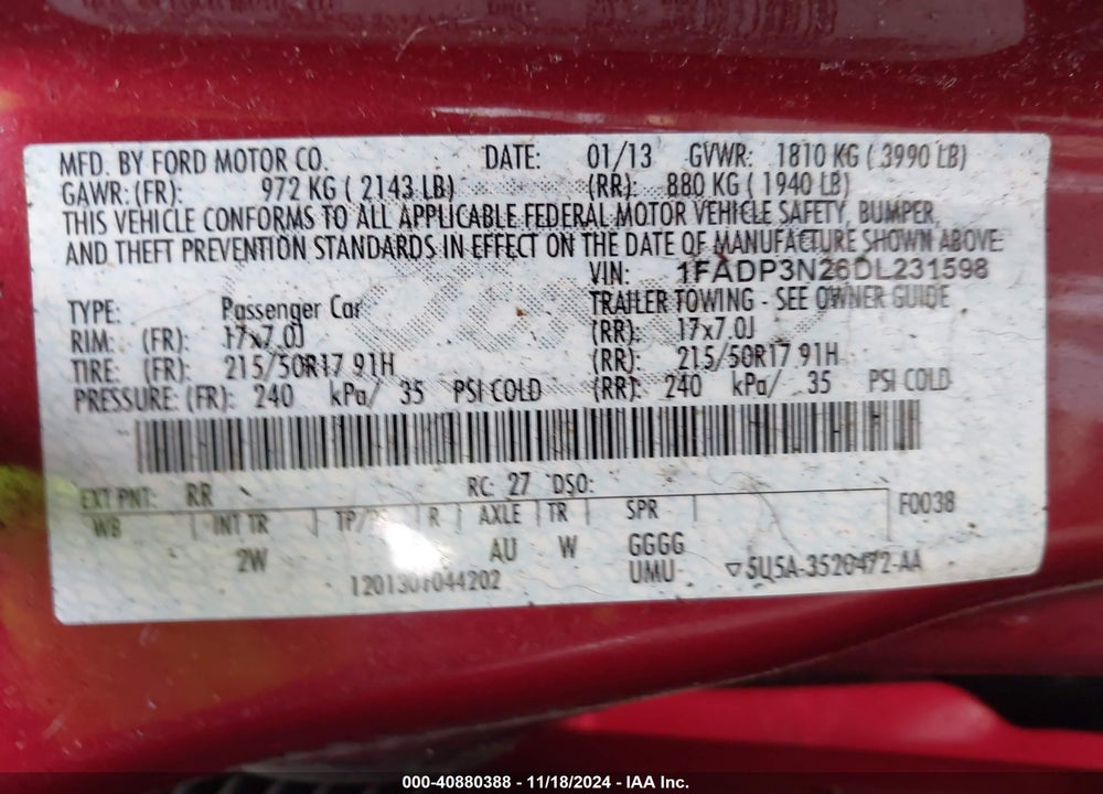 2013 FORD FOCUS TITANIUM VIN: 1FADP3N26DL231598