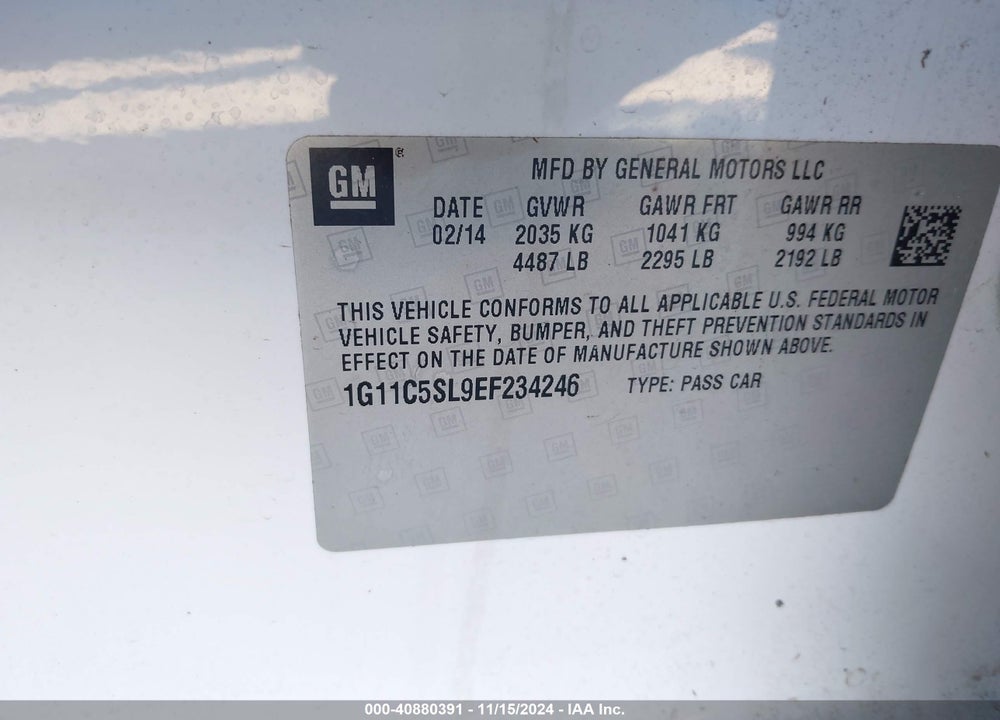 2014 CHEVROLET MALIBU 1LT VIN: 1G11C5SL9EF234246