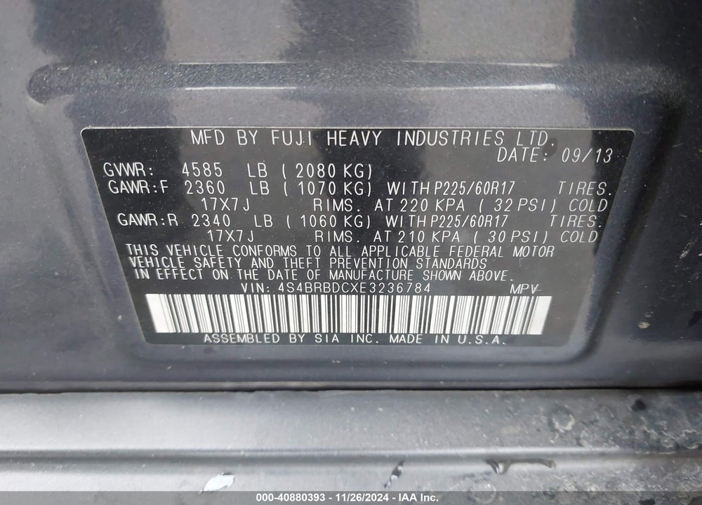 2014 SUBARU OUTBACK 2.5I PREMIUM VIN: 4S4BRBDCXE3236784