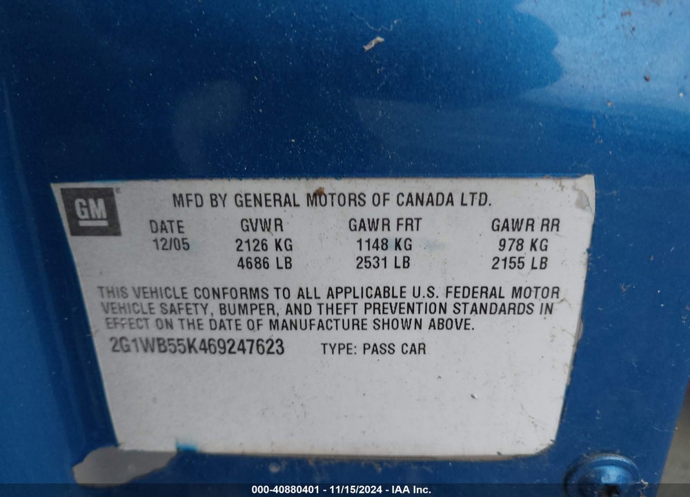 2006 CHEVROLET IMPALA LS VIN: 2G1WB55K469247623