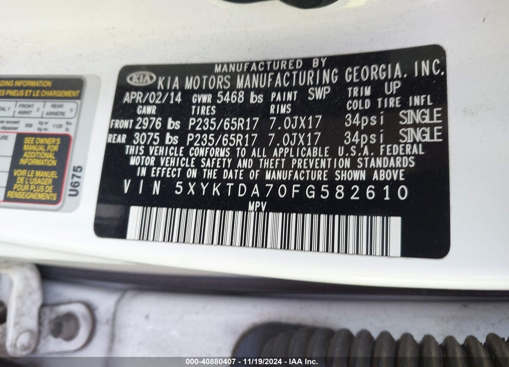 2015 KIA SORENTO LX V6 VIN: 5XYKTDA70FG582610