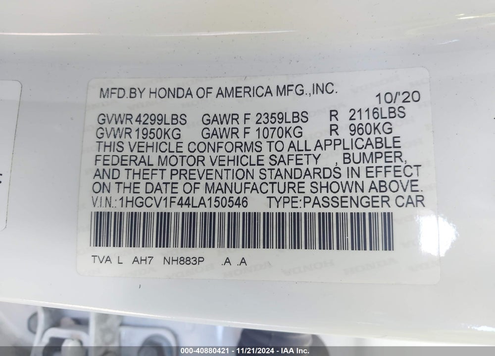 2020 HONDA ACCORD EX VIN: 1HGCV1F44LA150546
