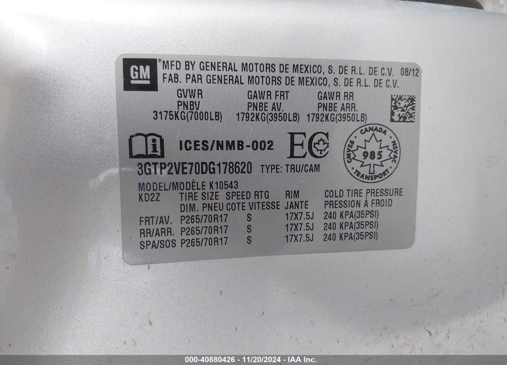 2013 GMC SIERRA 1500 VIN: 3GTP2VE70DG178620