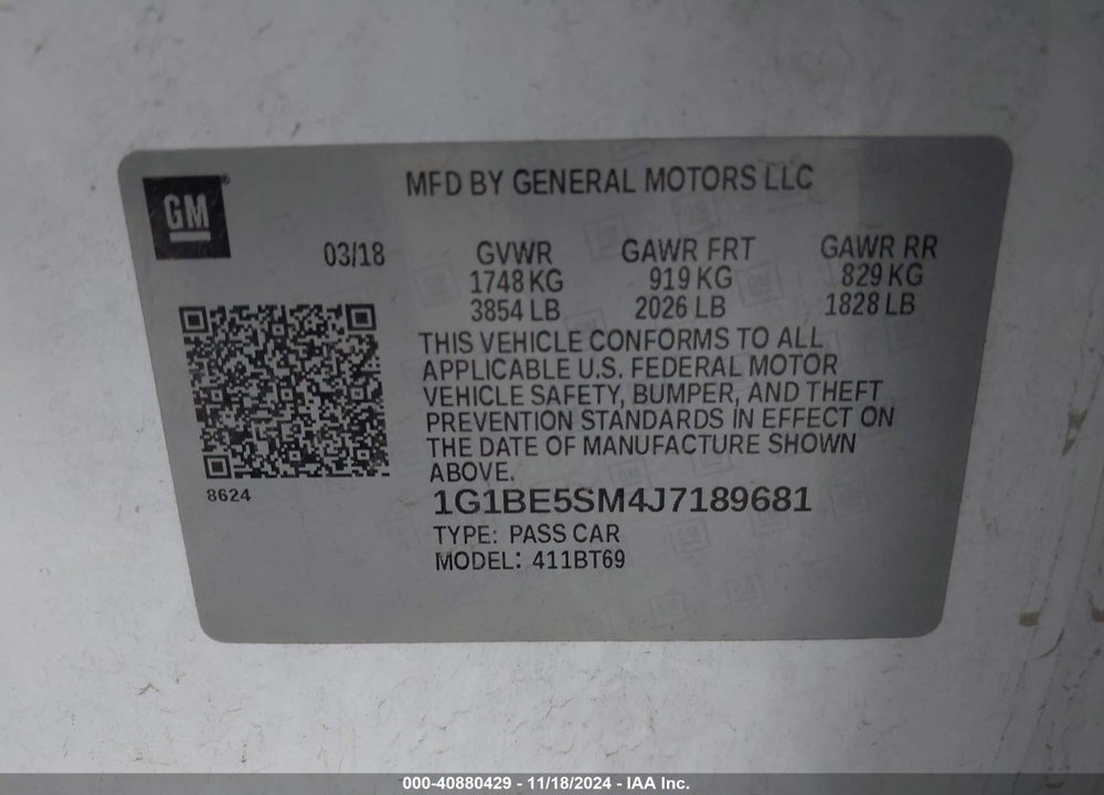 2018 CHEVROLET CRUZE LT AUTO VIN: 1G1BE5SM4J7189681