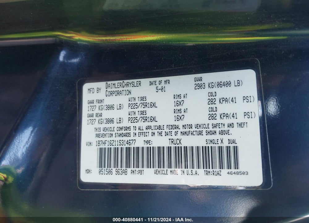 2001 DODGE RAM 1500 ST VIN: 1B7HF16Z11S314677