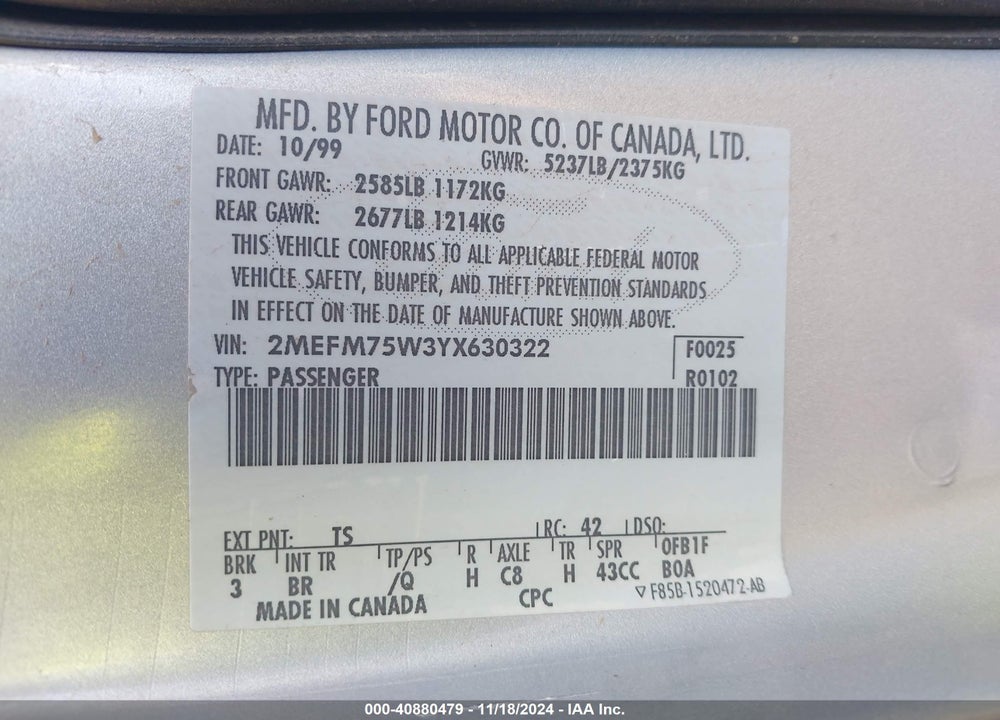 2000 MERCURY GRAND MARQUIS LS VIN: 2MEFM75W3YX630322