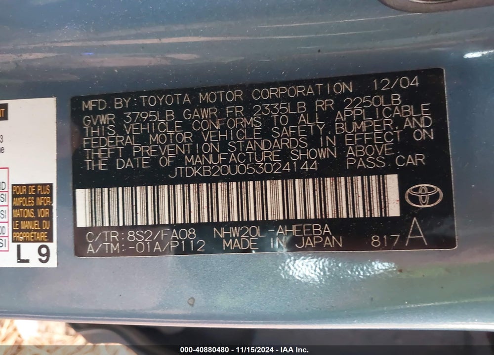 2005 TOYOTA PRIUS VIN: JTDKB20U053024144