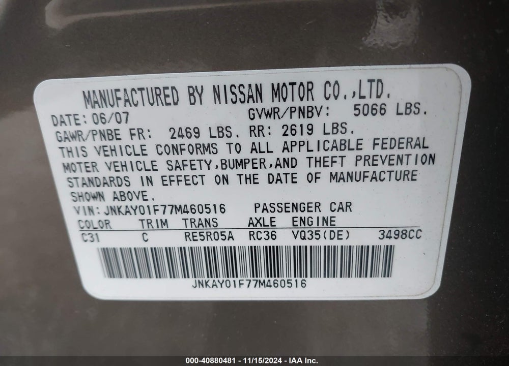 2007 INFINITI M35X VIN: JNKAY01F77M460516