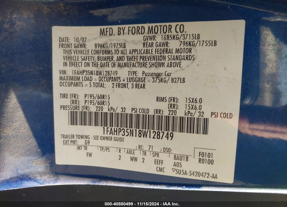 2008 FORD FOCUS SE/SES VIN: 1FAHP35N18W128749