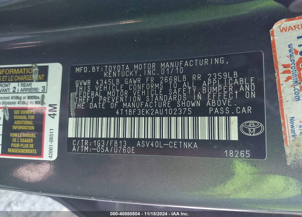 2010 TOYOTA CAMRY LE VIN: 4T1BF3EK2AU102375
