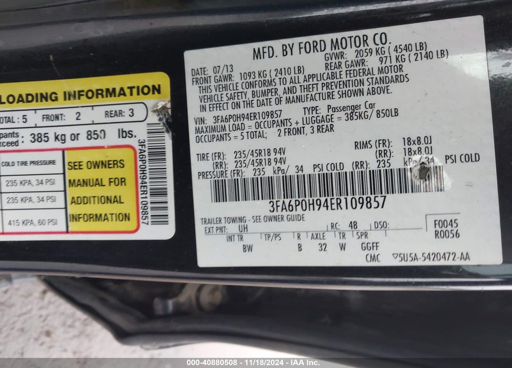 2014 FORD FUSION SE VIN: 3FA6P0H94ER109857